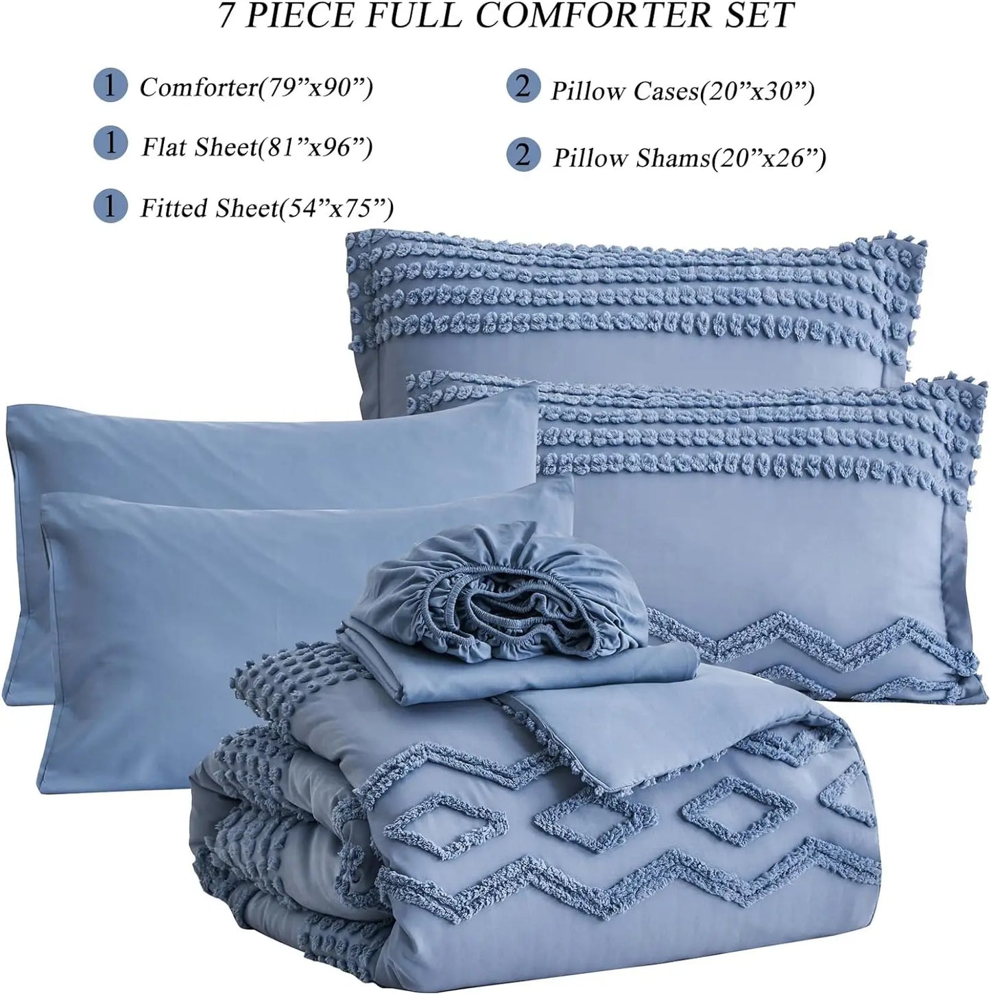 Blue Tufted Comforter Set Full Size 7 Piece Bed in a Bag, Shabby Chic Boho Comforter