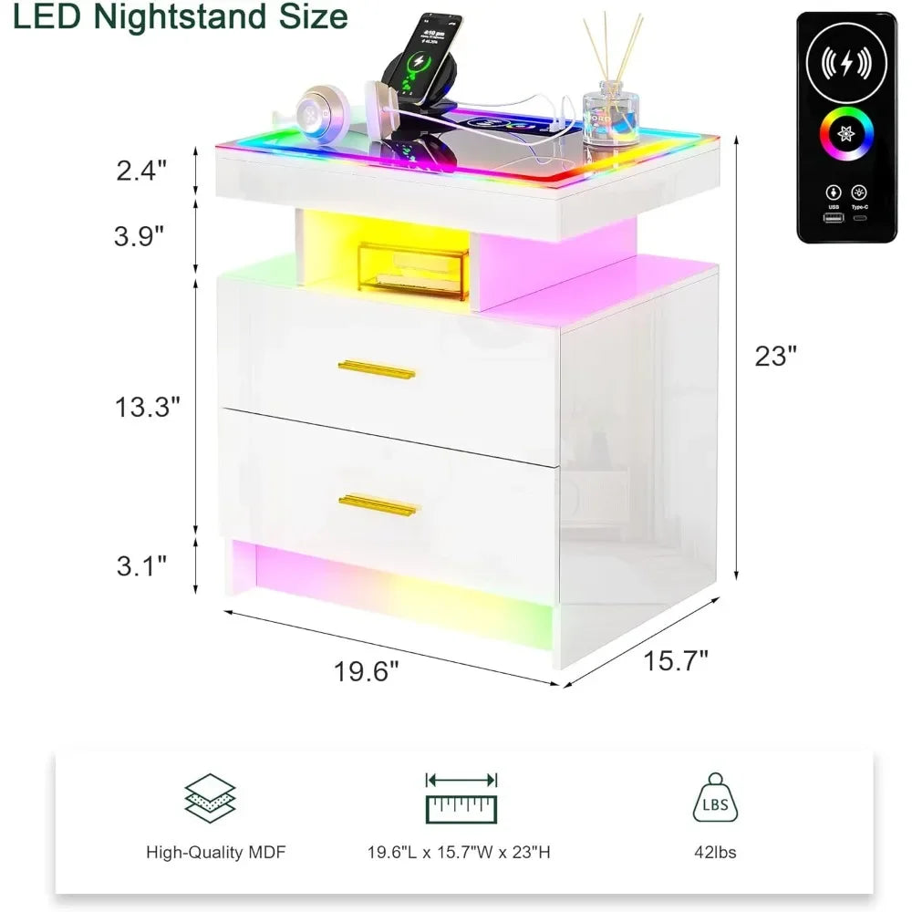 Furniture High Gloss Smart Night Stand With Drawer and RGB Dynamic Lighting Bedside Table Room