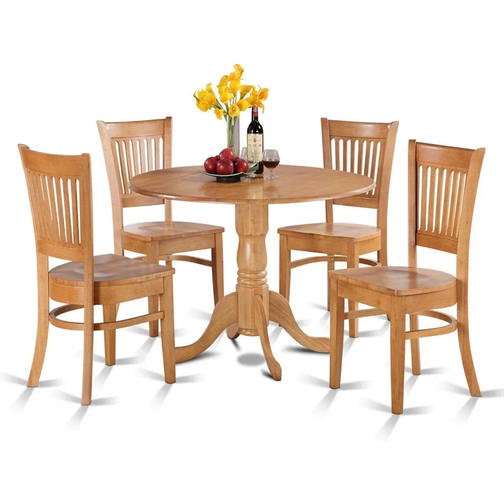 East West Furniture  Dublin 5 Piece Modern Set Includes a Round Wooden Table with Dropleaf and 4 Dining Room Chair