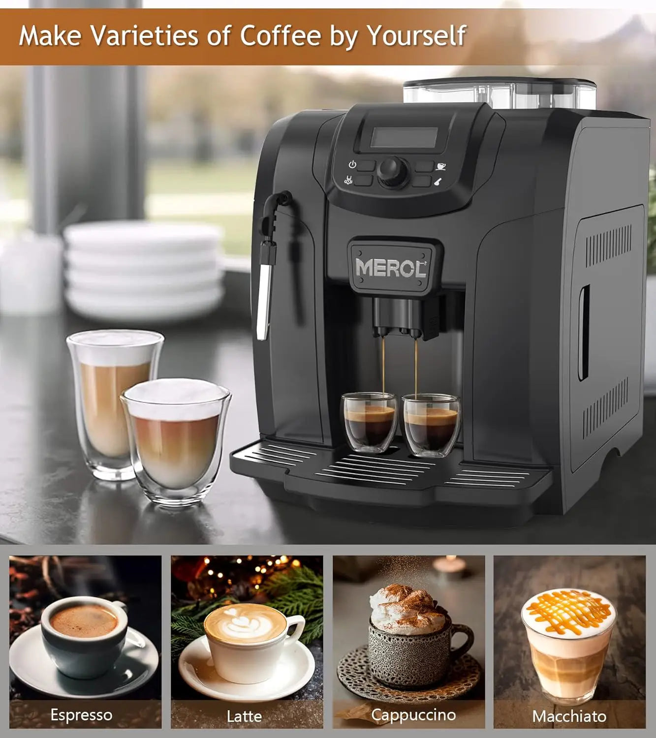 Automatic Espresso Coffee Machine, 19 Bar Barista Pump Coffee Maker with Grinde