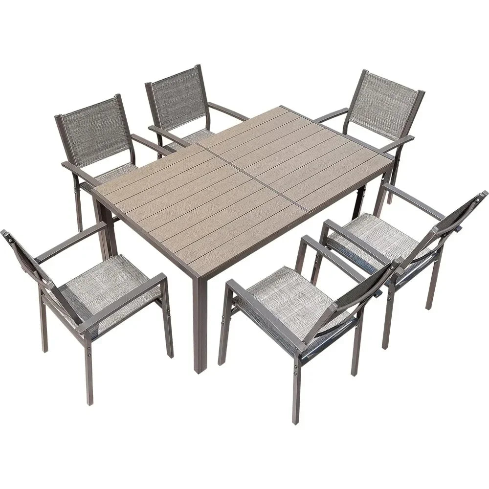 Terrace Dining Outdoor Furniture Set with Weatherproof Table and 6 Stackable for Garden