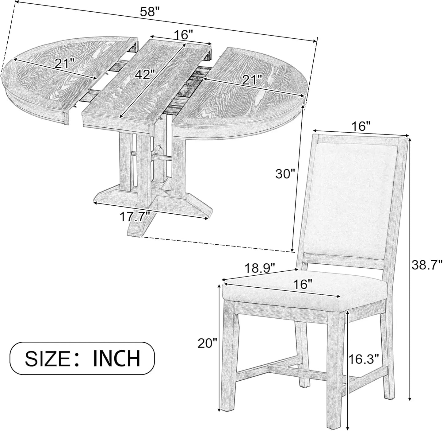 Table and 4 Upholstered Chairs for Kitchen, Living Room, Natural Wood