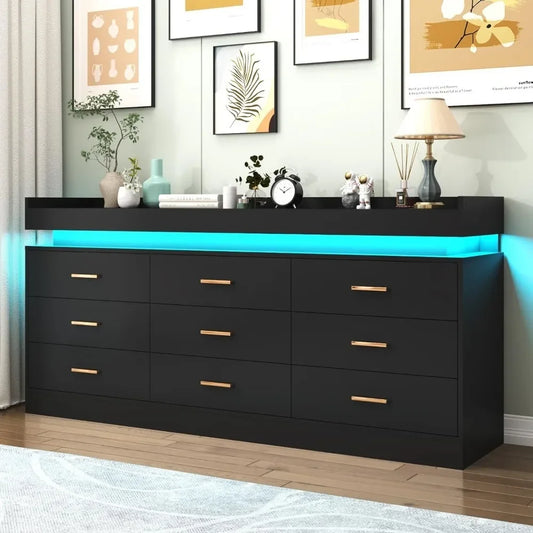 Modern Dresser 9 Drawer with LED Light,Wide Drawer Organizer Cabinet for Bedroom