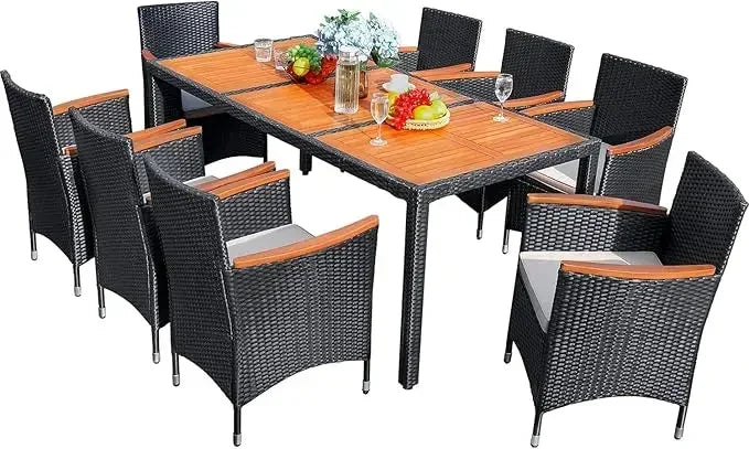 Patio Dining Set Outdoor Acacia Wood Table and Chairs with Soft Cushions Wicker Patio Furniture for Deck