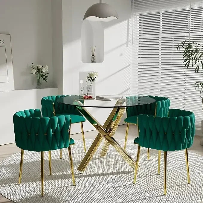Dining Table Set for 4 with Grey Woven Dining Chair, 5 Pieces Minimalist Modern Round Glass Dinner Room Table Set