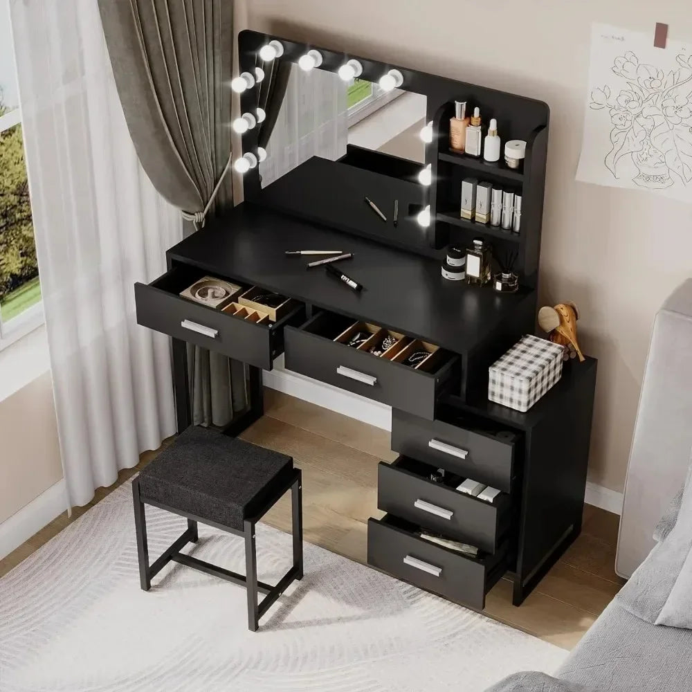 Dresser, with Mirror and 10 LED Lights, with 2 Drawers and Chairs, with 3 Mirrors and Stools, with Gold Metal Frame Vanity Desk