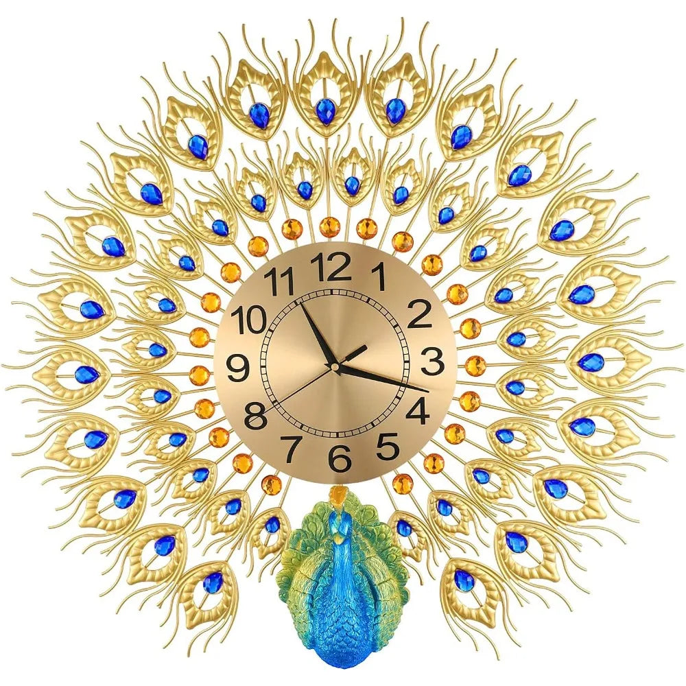 Large Peacock Wall Clock Non-Ticking Silent Crystal Creative Personality Modern Art Decorative Wall Clocks for Living Room Decor