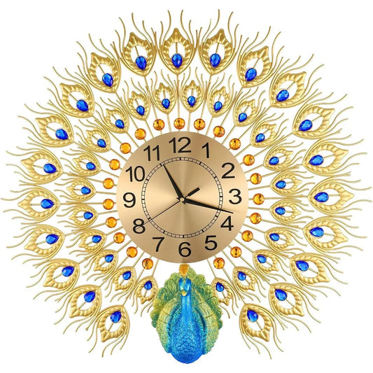 Large Peacock Wall Clock Non-Ticking Silent Crystal Creative Personality Modern Art Decorative Wall Clocks for Living Room Decor