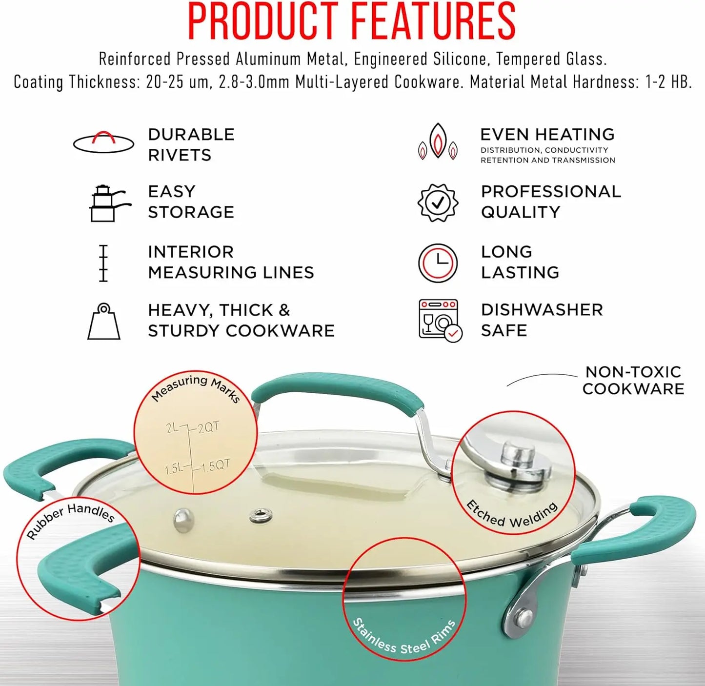 Cooking Pots with Lids, Skillet Fry Pans and Bakeware – Reinforced Pressed Aluminum Metal