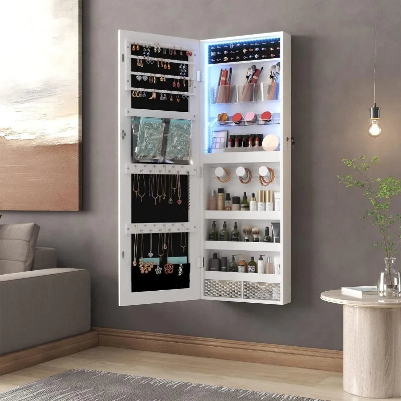 Hanging/Over the Door Mirror Jewelry Cabinet with LED Lights, Lockable Jewelry Armoire Organizer, Mirror with Jewelry