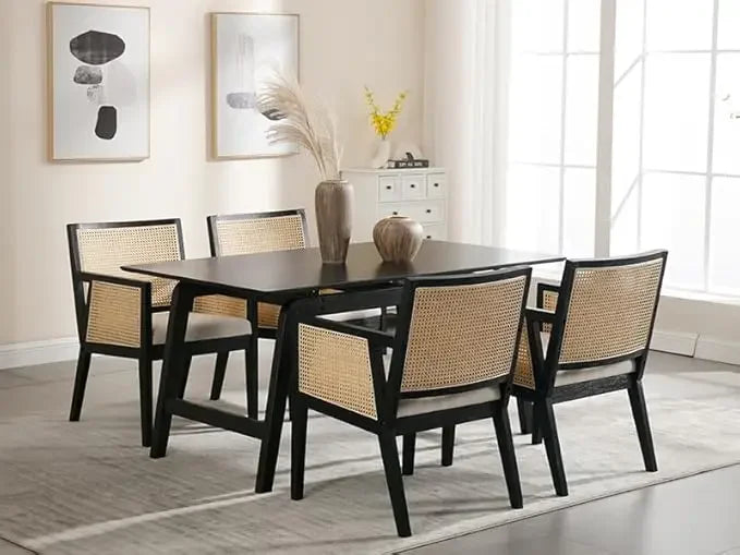 LIVINOVA Farmhouse Rattan Dining Chairs Set of 6,Mid Century Modern Kitchen & Dining Room