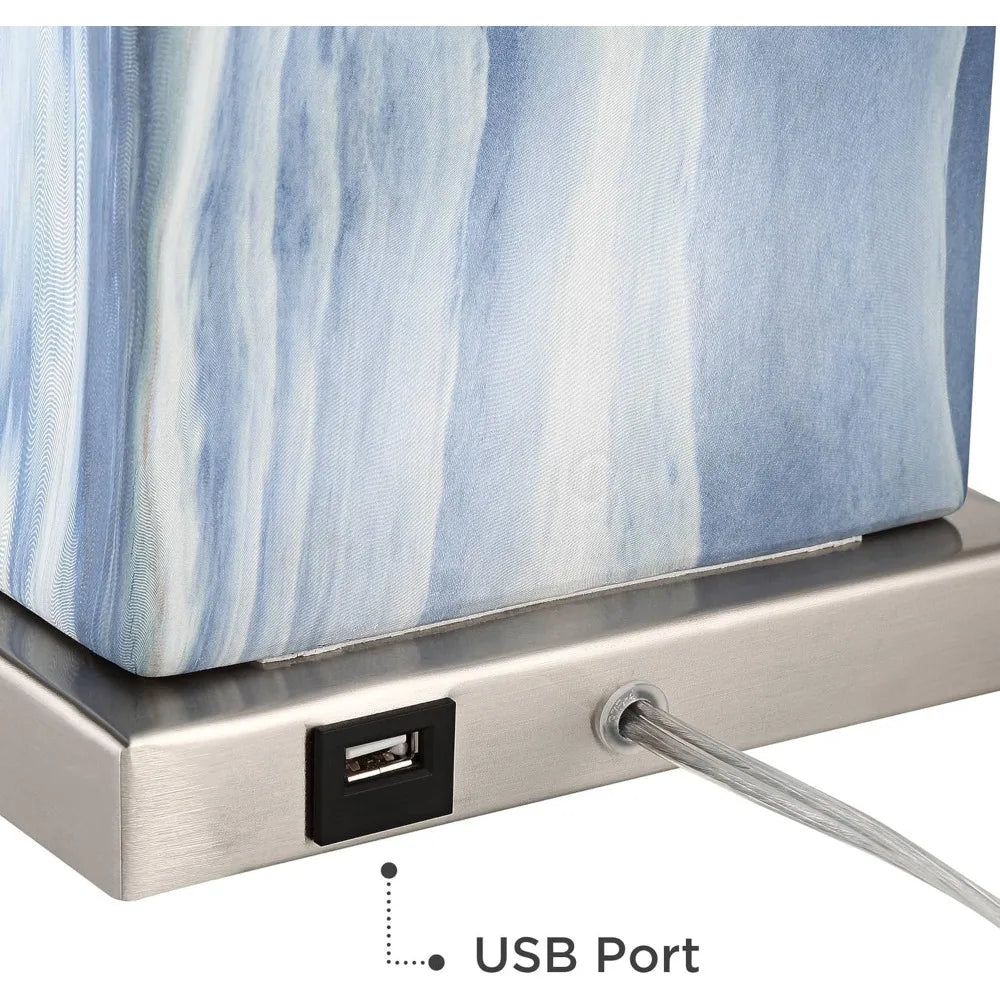 USB Charging Ports Blue Faux Marble White Rectangular Shade for Bedroom