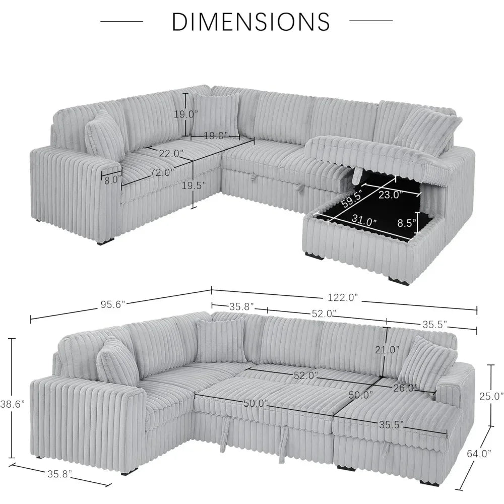 Sofa Couch Chunky Furry Corduroy Sofa with Storage Chaise and Charging Ports Pull Out Sofa Bed