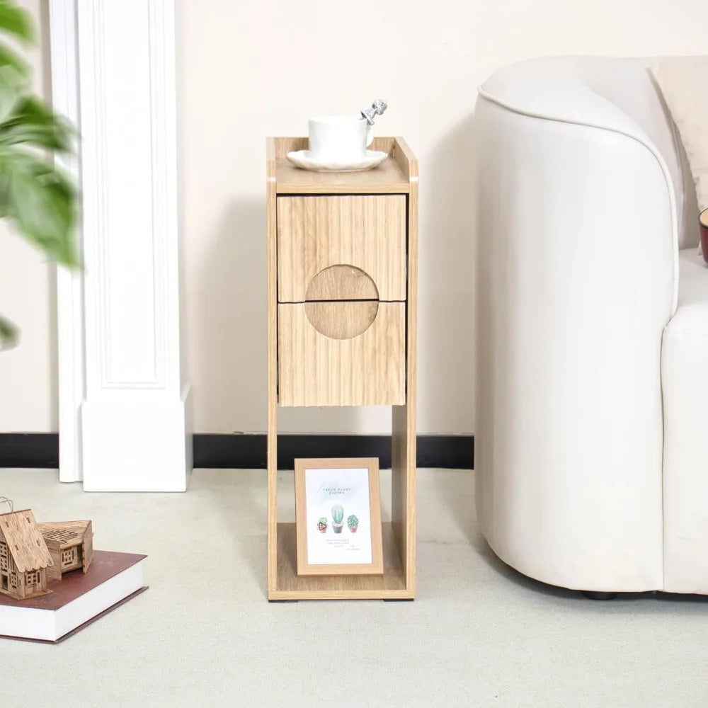 Small Fluted Nightstand Set of 2, Wood 2 Drawer , Slim Side Table, Natural Wood Night Stand with