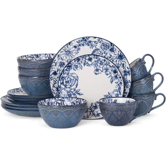 Gabriela Blue 16-Piece Dinnerware Set, Service for 4
