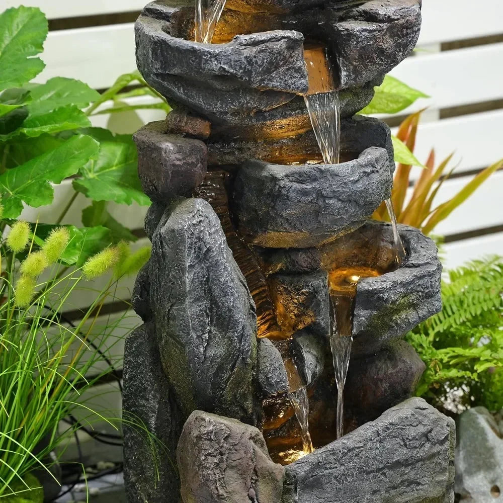 Waterfall Fountain Outdoor with Led Lights, 31.5” Rock Cascading Floor Water Garden