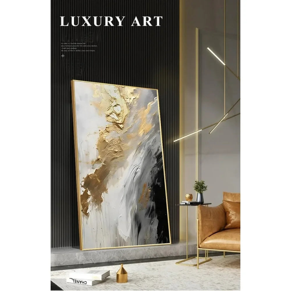 Gold Abstract Oil Painting on Canvas for Entrance-Hall Metal Wall Art Decor Framed White and Black Wall Art for Living Room Home