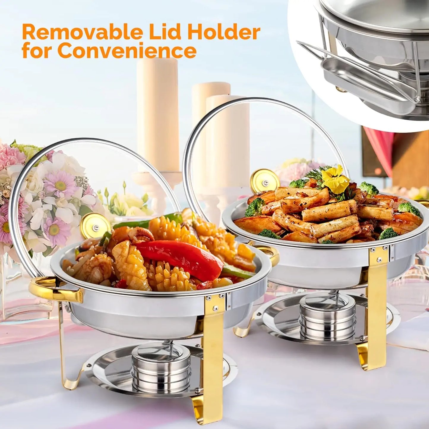Chafing Dish Buffet Set Gold Accent Round NSF Stainless Steel Warmer Glass Lid Holder Catering Event Partie