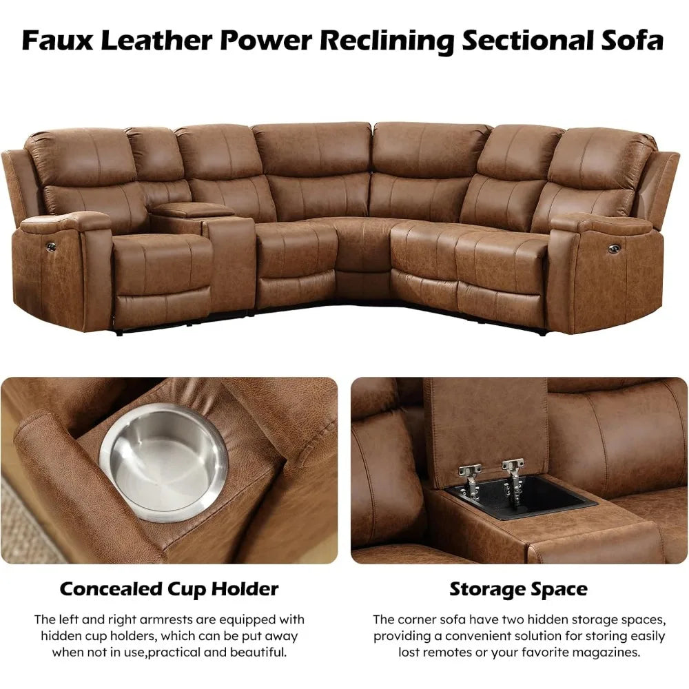 Power Recliner Sofa Sectional Couches, Concealed Cup Holder Storage Console, USB Port, Power Corner Sectional Reclining Sofa Set