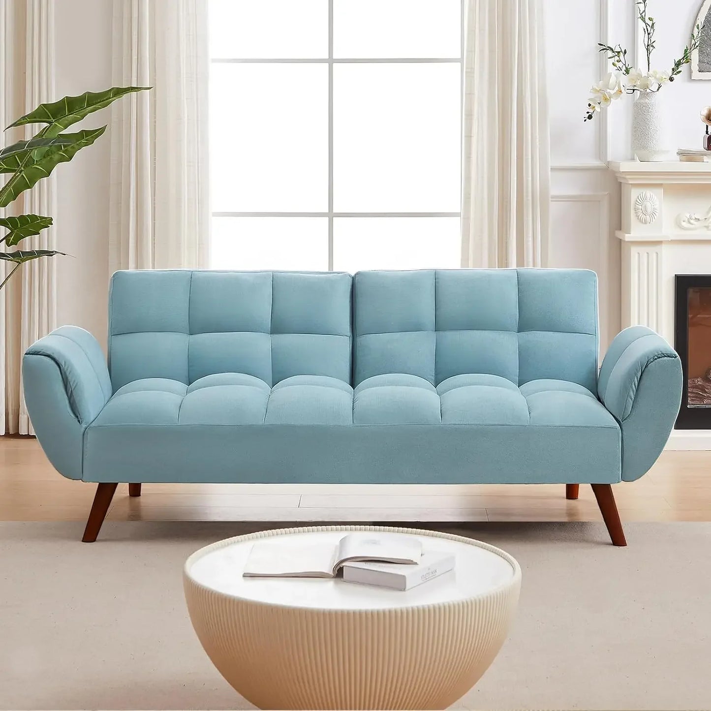 Tufted Sofa Convertible Futon Sofa Bed with Adjustable Backrests and Solid Wood Legs for Living Room, Bedroom