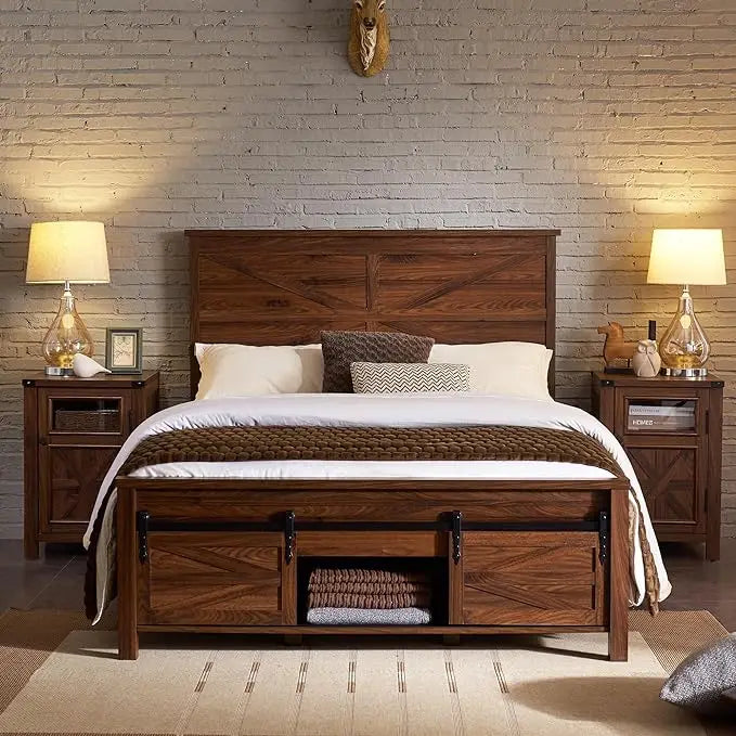 Farmhouse Wood Bed Frame Queen Size with Sliding Barn Door Storage Cabinets and Headboard, Solid Wood Slats