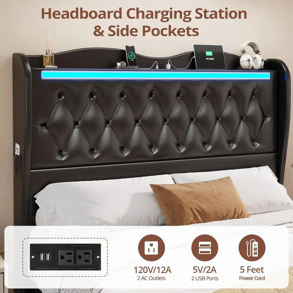 Queen Size Bed Frame Tall Headboard with LED Lights & Charging Station,