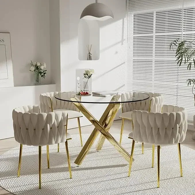 Dining Table Set for 4 with Grey Woven Dining Chair, 5 Pieces Minimalist Modern Round Glass Dinner Room Table Set