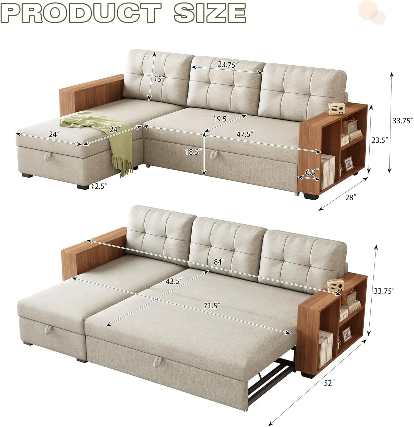 Shaped Pull Out Couch Bed with Storage Chaise, Convertible Sectional Sleeper Sofa