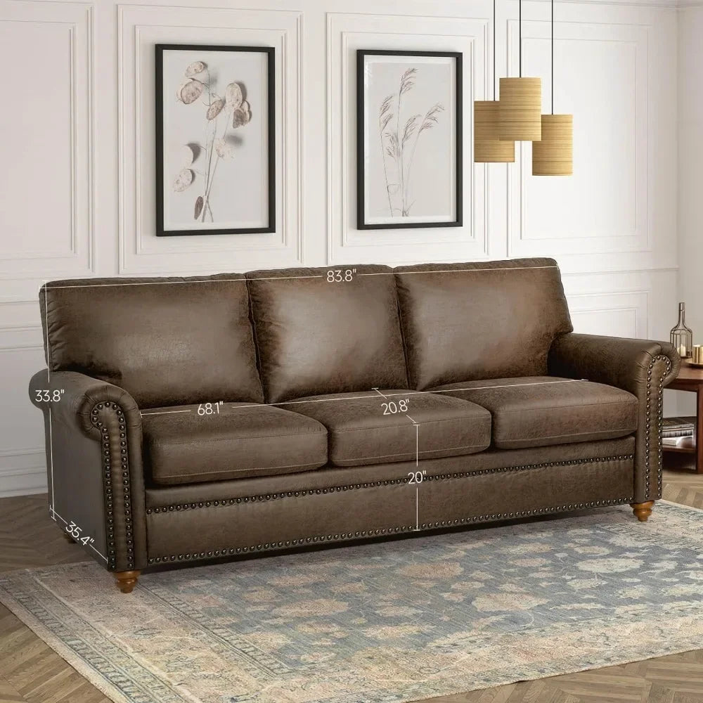 Rolled Arm with Nailhead Trim, Comfy 3 Seat Cushions with Pocket Spring, Brown Couches