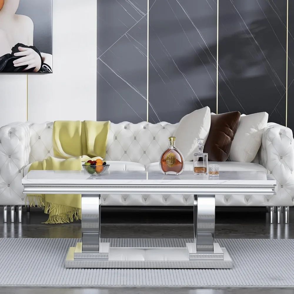 Coffee Table, Modern White Faux Marble Cocktail Table, with Silver Mirrored Finish U-Shape Stainless Steel Base