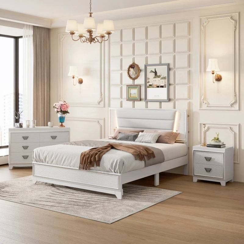 Bedroom Sets Queen Size Upholstered Bed with LED Lights, Nightstands and Dresser with Metal Handles White /black