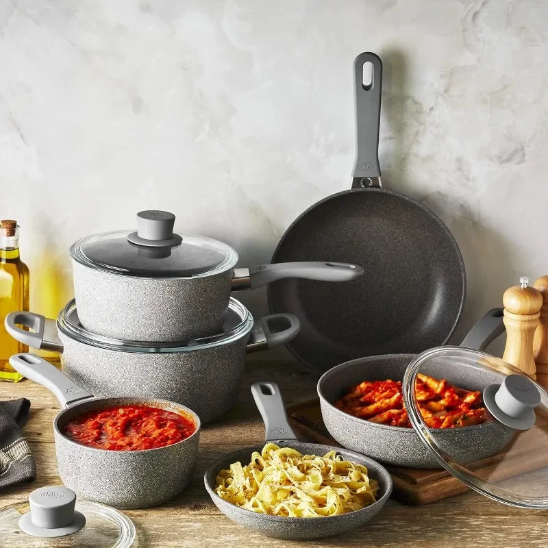 Nonstick Pot and Pan Set, Made in Italy, Set includes fry pans, saucepans, sauté pan and Dutch oven with lid