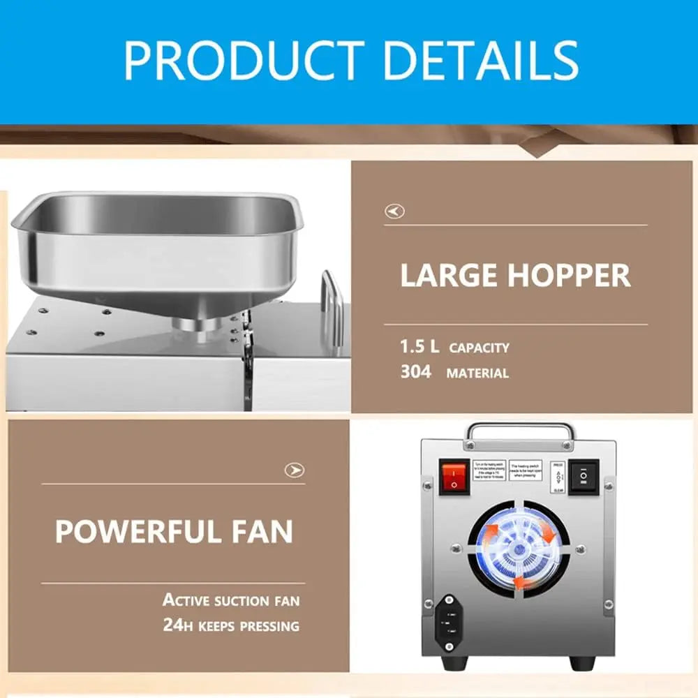 Oil Press Machine 1500W 110V Electric Automatic Peanut Nut Seed Oil Extractor Stainless Steel Oil Presser Expeller for Co