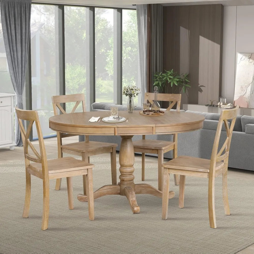 5 unique rural dining table sets, expandable round dining table and 4 chairs with backrests, kitchen dining table set