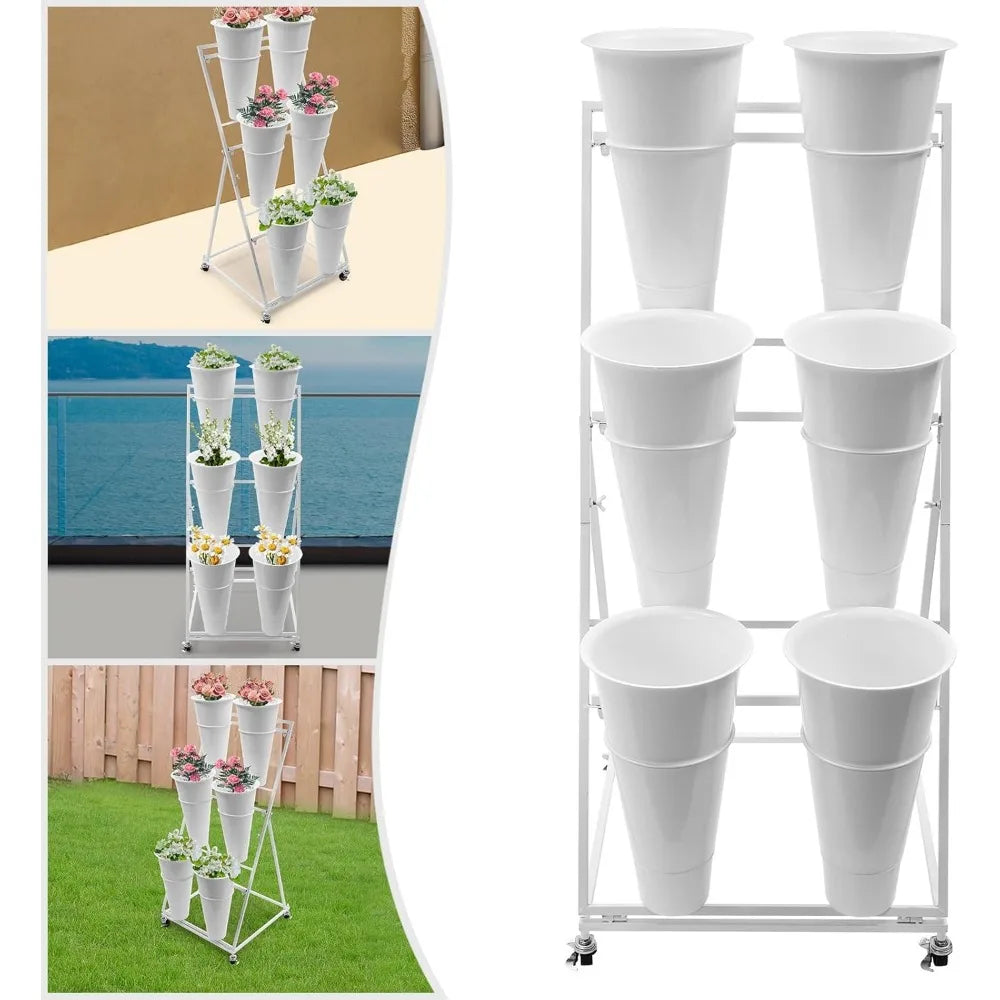 Moving Flower Display Bucket Stand, Heavy Duty Plant Stand on Wheels Metal Flower Holde