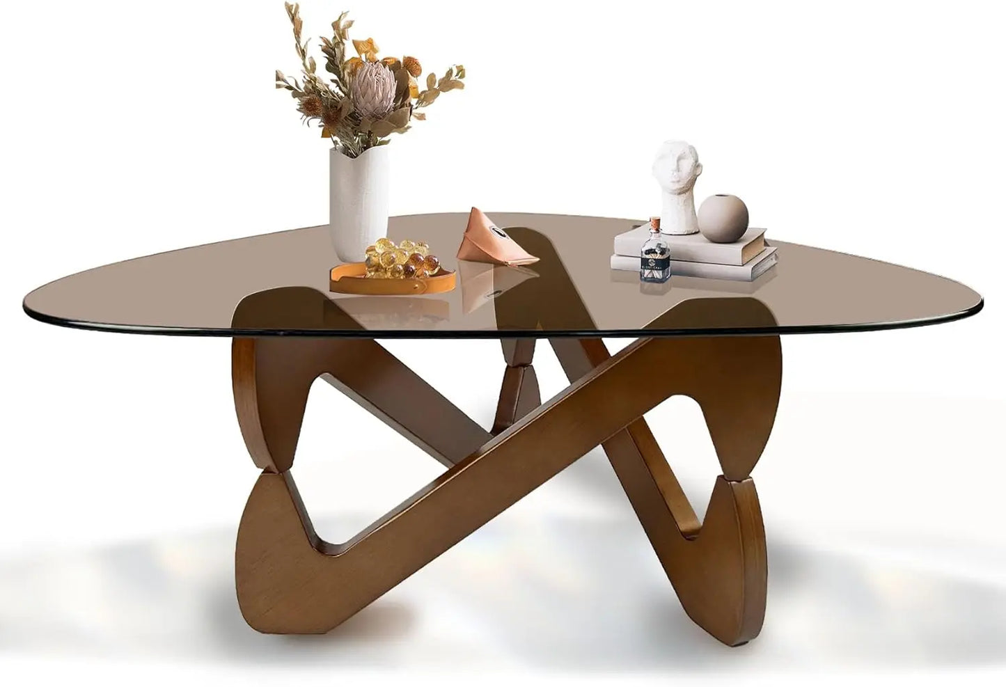 Triangle Coffee Table Glass Coffee Table for Living Room Mid Century Modern Coffee Table with Walnut Base Minimalist Living Room