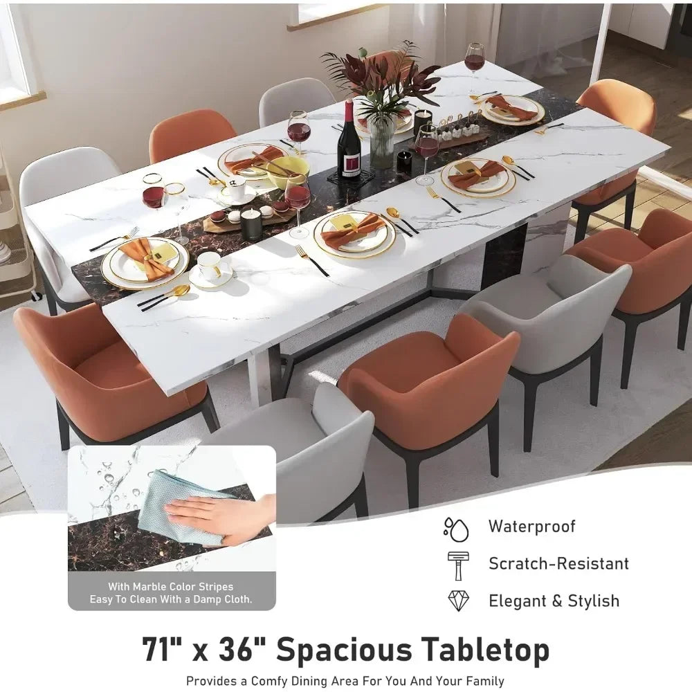 Large Rectangular White Dining w/35 Marble-Color Wood Waterproof Tabletop, Adjustable