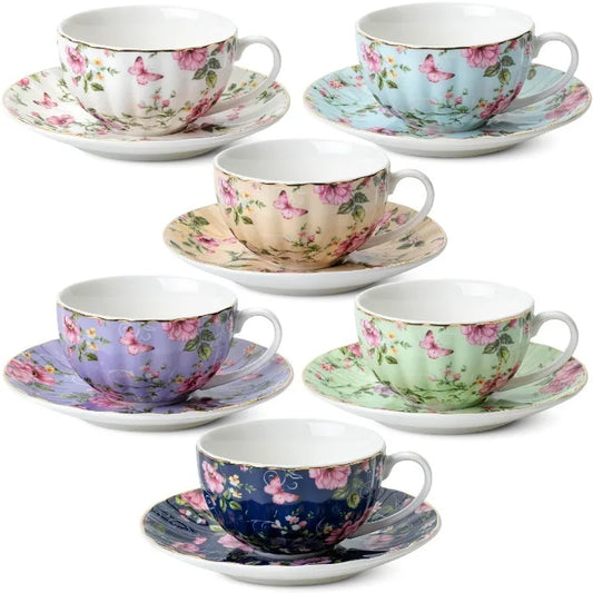 BTaT- Floral Tea Cups and Saucers, 7 oz, Tea Cups Set of 6, Porcelain Tea Cups, Cup & Saucer Sets, Cup Set of 6