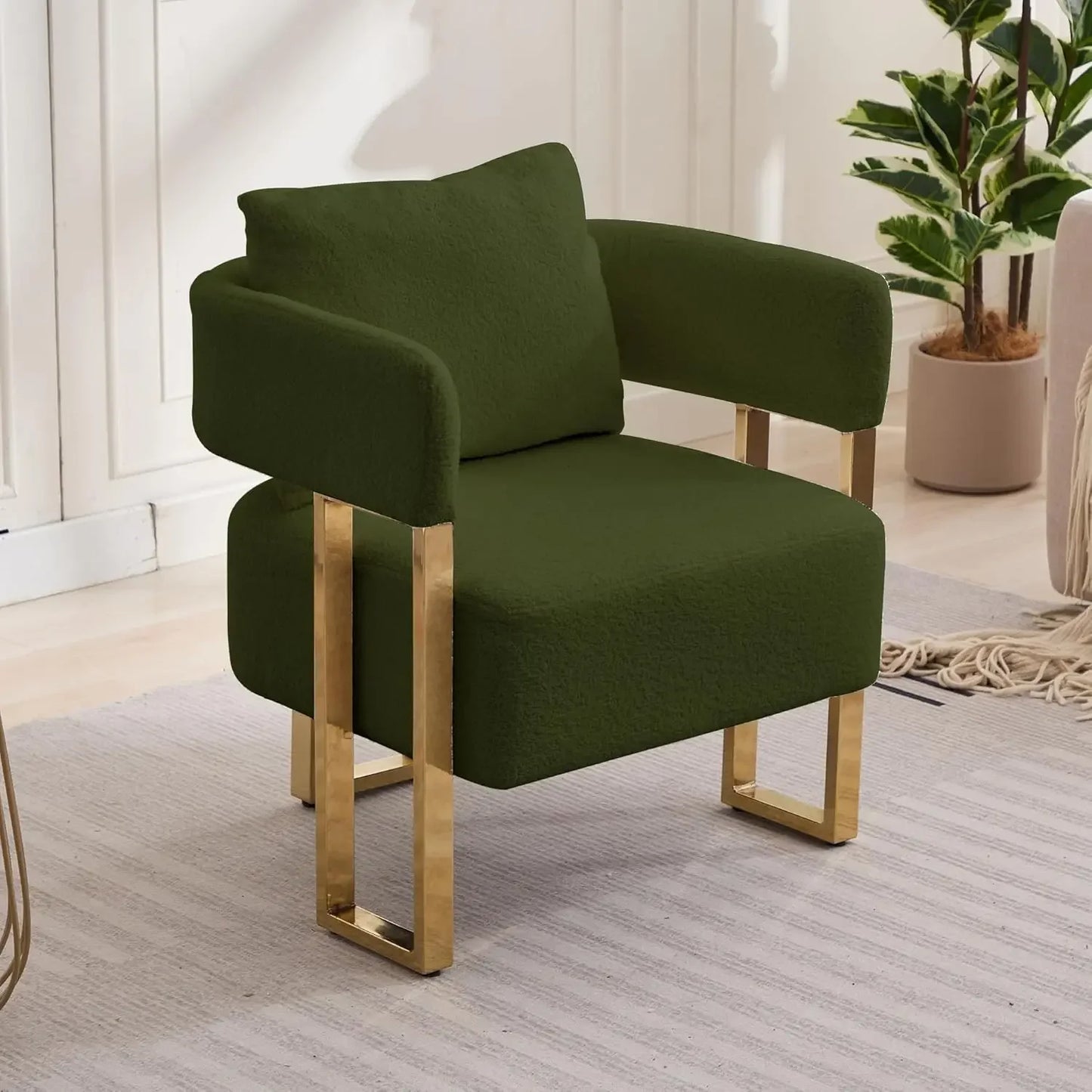 Teddy Velvet Side Sofa with Gold Legs,Tufted Plush Upholstered Reading Armchair with Lumbar Pillow for Living Room Dining Room