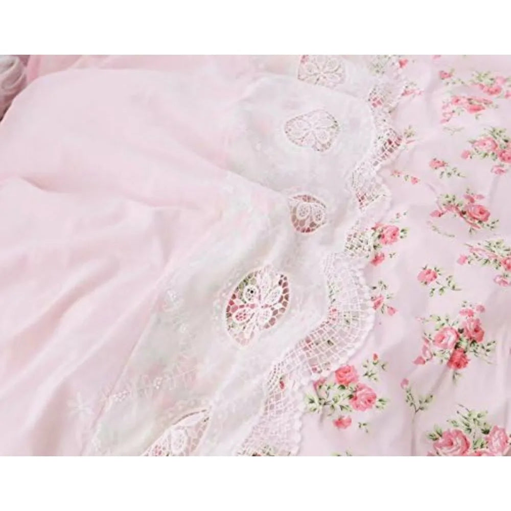 LELVA Romantic Roses Print Duvet Cover Set with Bed Skirt Pink Lace Ruffle Floral