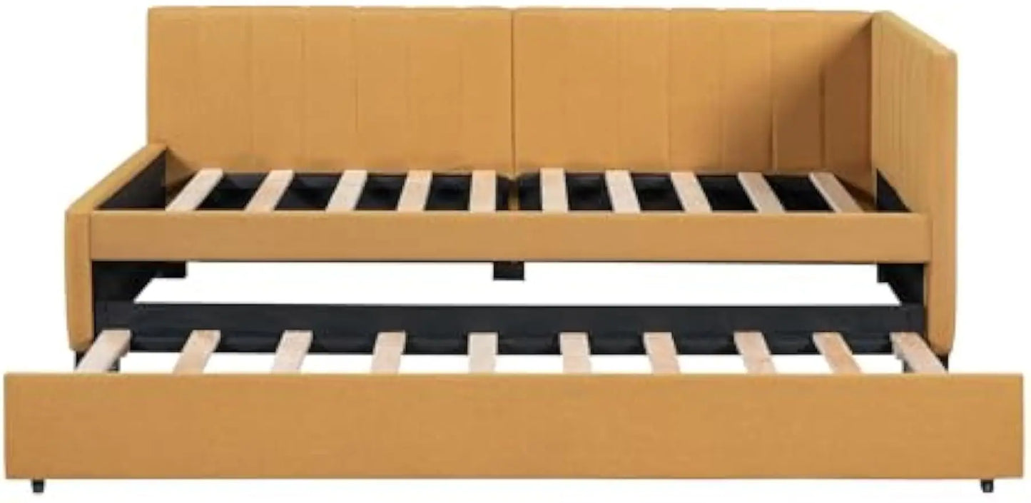 Twin Size Daybed with Twin Trundle Bed, Upholstered Bed Frame Linen Fabric Sofa Bed