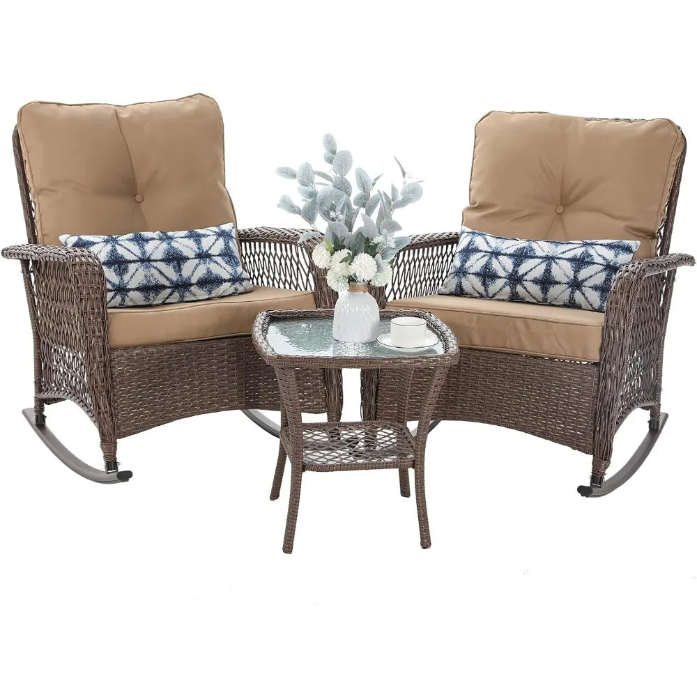 Wicker Rocking Bistro Set with Thick Cushions, Outdoor Rocker Chairs and Coffee Table