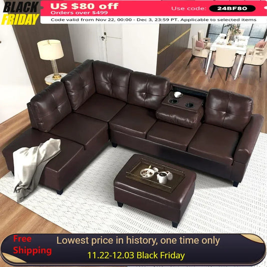 Sofas with Storage Ottoman and Cup Holders, Wide Convertible Upholstered Couch, L Shaped Sofas