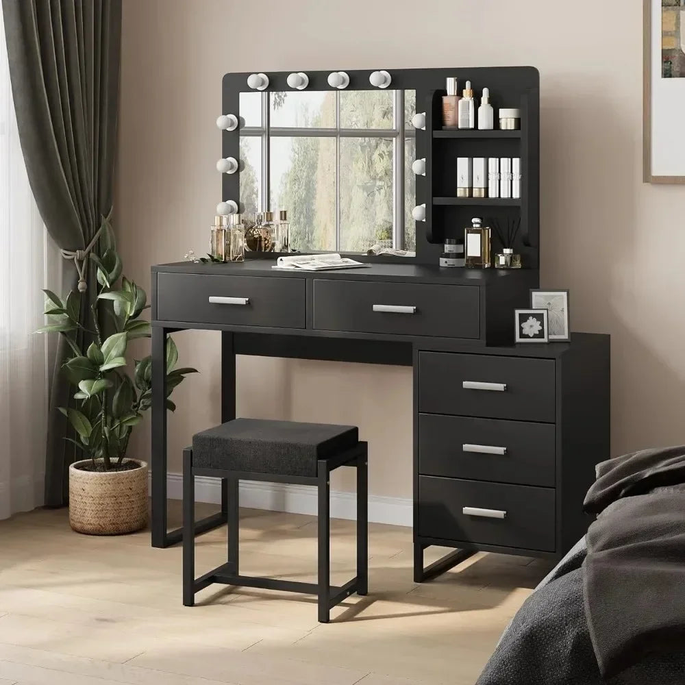 Dresser, with Mirror and 10 LED Lights, with 2 Drawers and Chairs, with 3 Mirrors and Stools, with Gold Metal Frame Vanity Desk