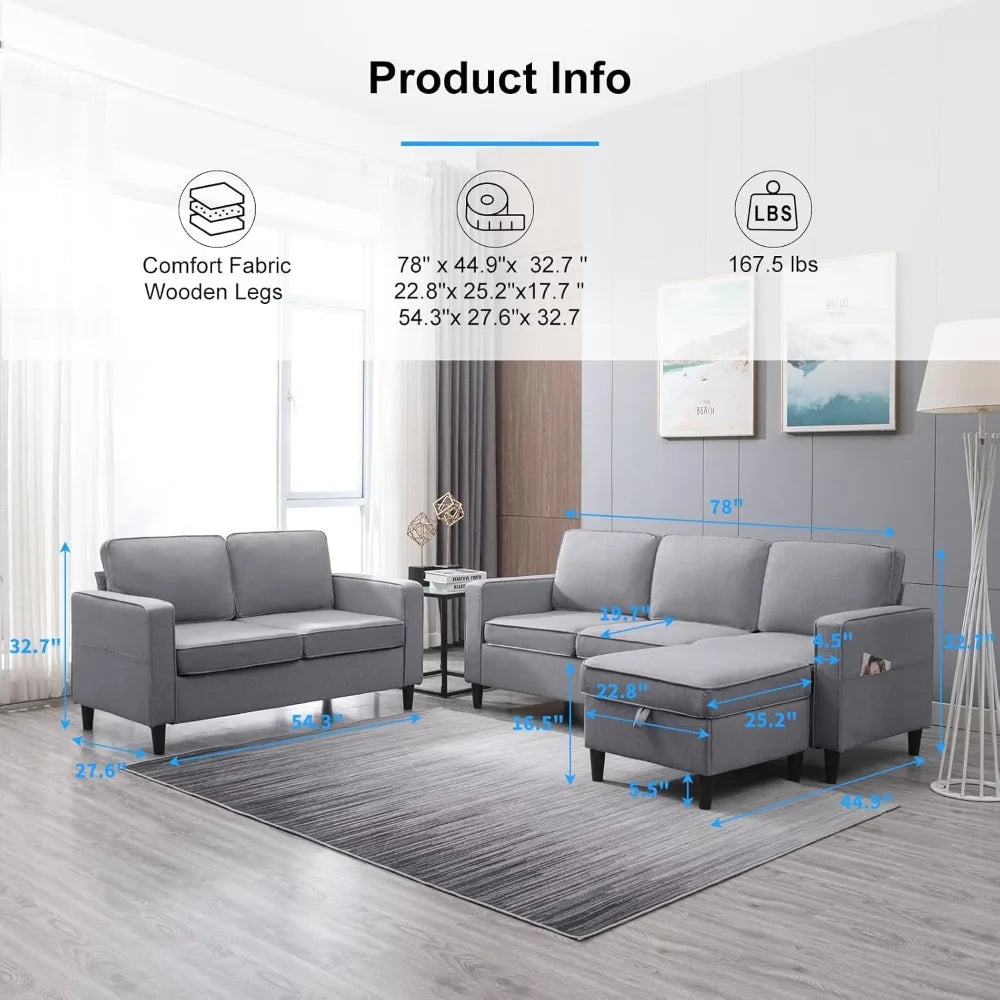 Shaped Sofa Sets 4 Pieces Living Room, Living Room Sofa and Loveseat Set,3-Seater L Shape