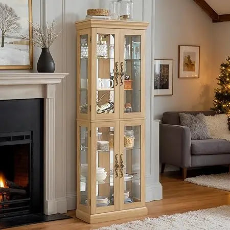 Lighted Glass Display Case, Wooden Wine Bar Cabinet with 6 Adjustable Shelves, Tempered Glass Doors,