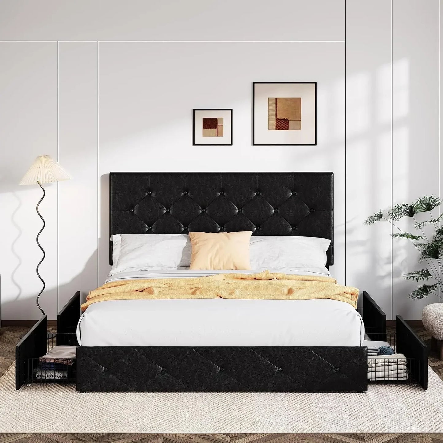 Furniture supplies Allewie Upholstered Queen Size Platform Bed Frame with 4 Storage Drawers