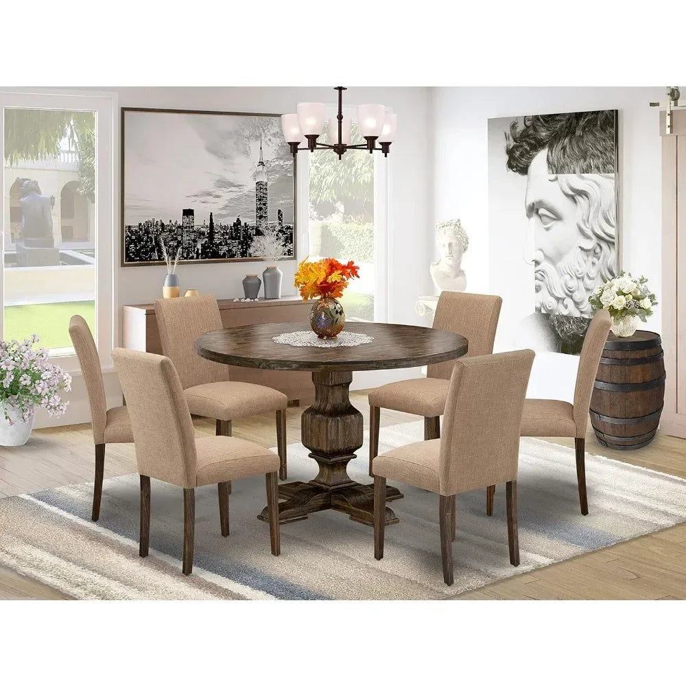 Dining Room 7 Piece Set Consist of A Round Dining Room Table with Pedestal and 6 Doeskin Linen Fabric Upholstered Parson Chairs