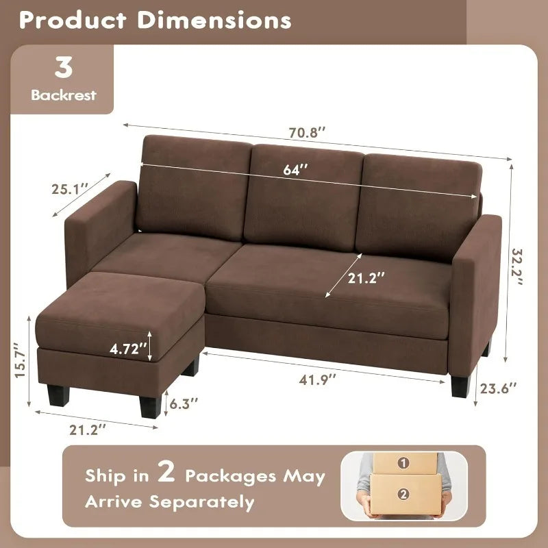 Convertible Sectional Sofa Couch, 3 Seat L-Shaped Sofa with Linen Fabric