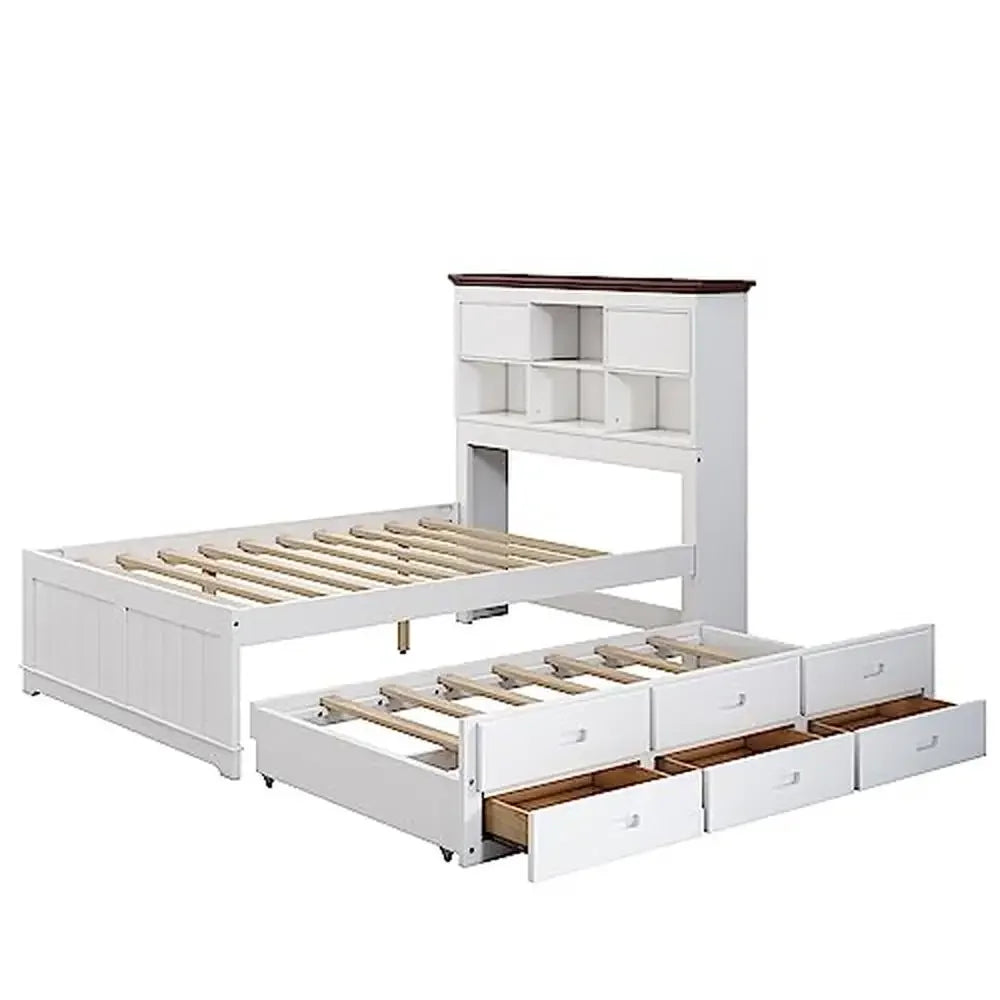 Modern Wood Bedroom Set Full Size Bed Trundle Nightstand Captain Farmhouse Style Rustic Durable Space Saving White 2 Pieces